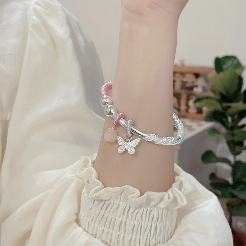 足银手镯 繁花似锦开口手镯女编绳款实心纯银999可爱节日礼物