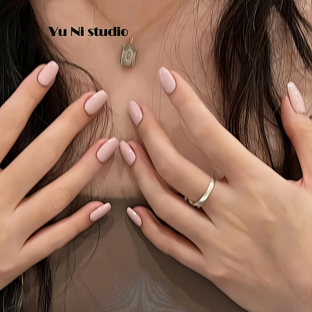 2024年新款纯欲粉色裸色假指甲粉色中长款手工穿戴甲成品美甲贴片