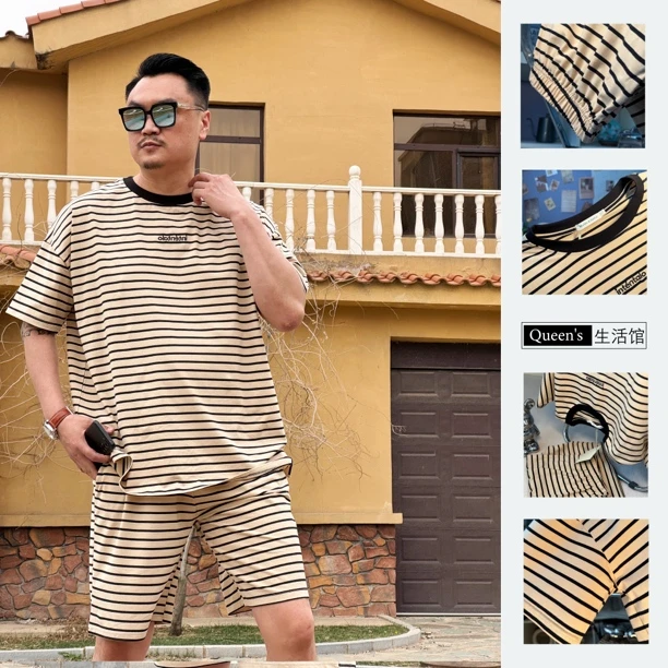 2024新款 纯棉男睡衣夏季潮流时尚圆领宽松条纹加肥半袖家居服