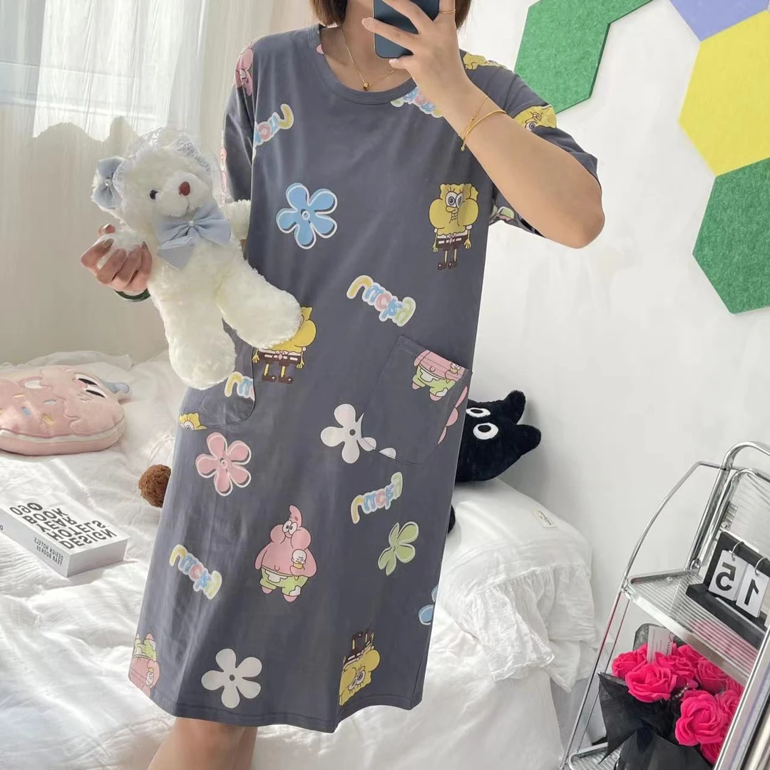 24新款纯棉亲肤透气卡通舒适时尚印花夏天薄款宽松中长款女士睡裙