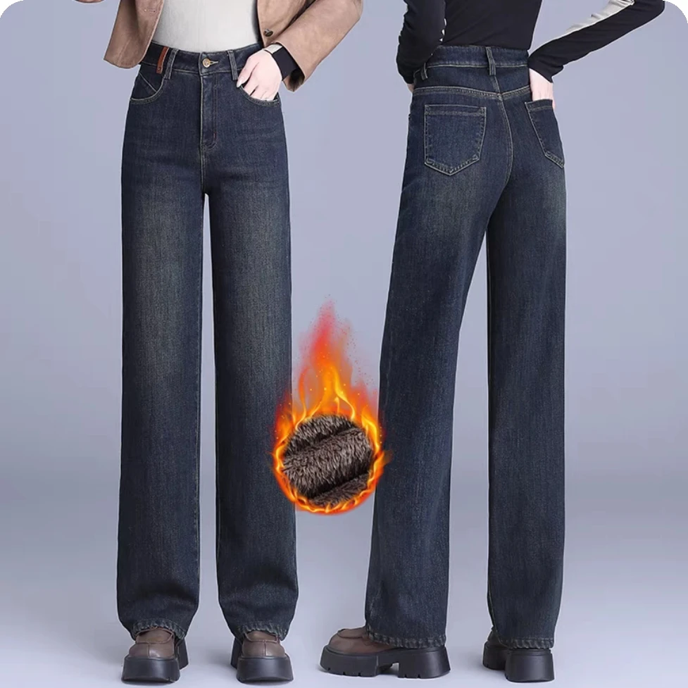 欧货加绒牛仔直筒裤女2024年冬季新款高腰显瘦加厚保暖宽松百搭款