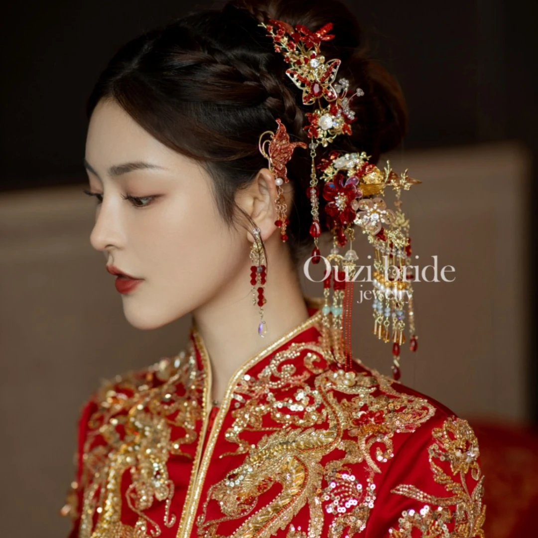 红色简约中式秀禾复古金色头饰新娘跟妆发饰X718