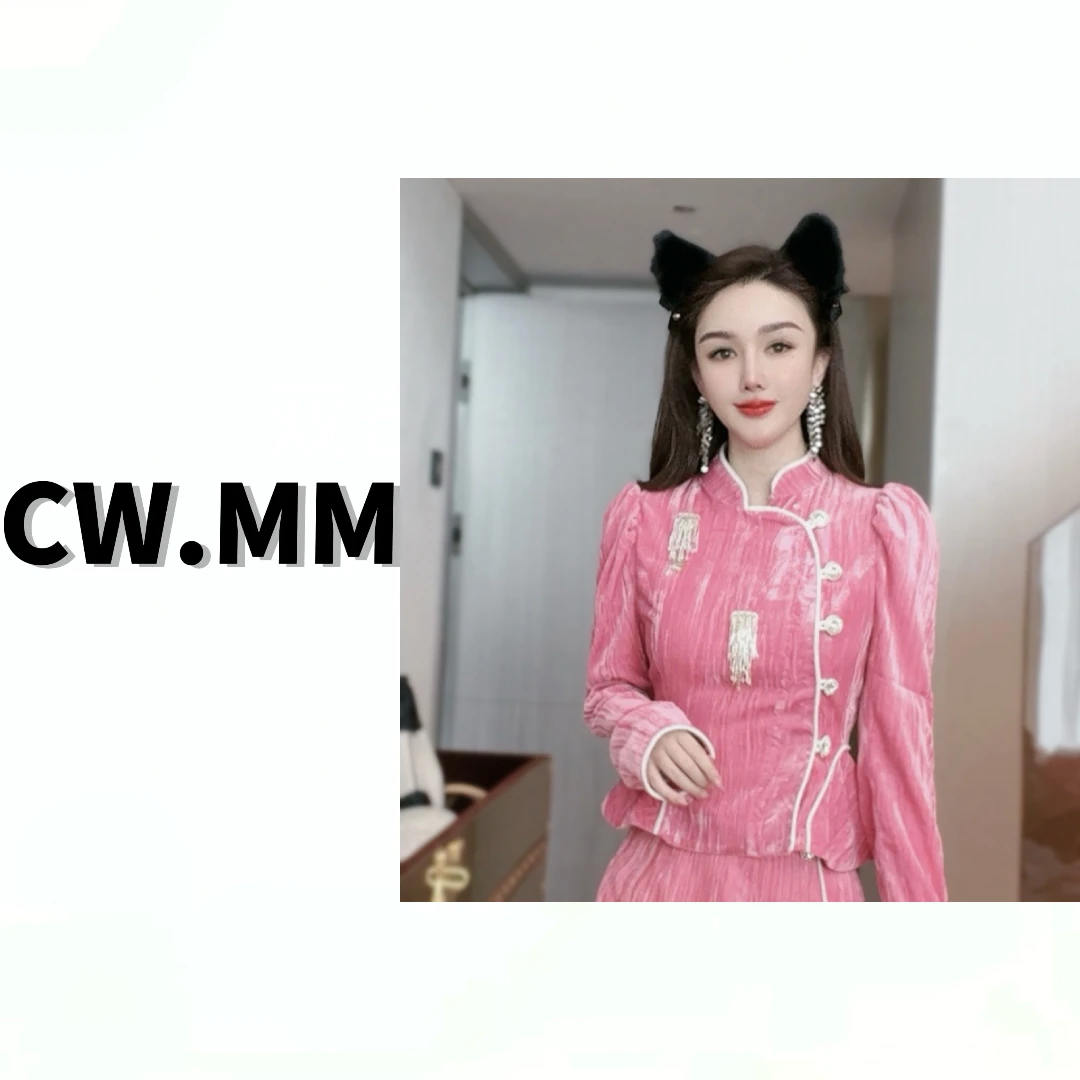 CW.MM  新中式复古风丝绒重工流苏修身上衣