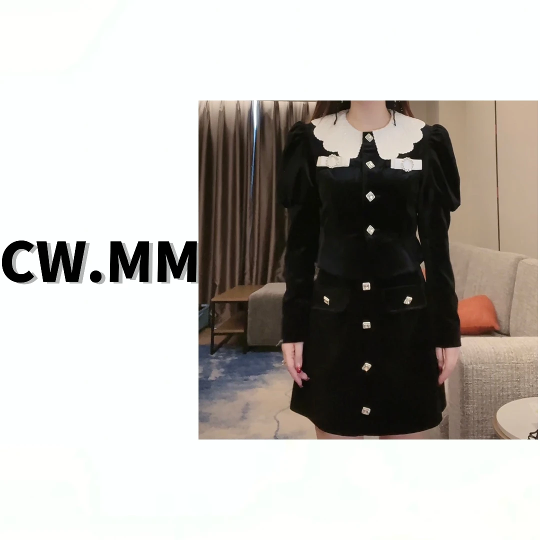 CW.MM 新款丝绒方扣白领拼接时尚套装