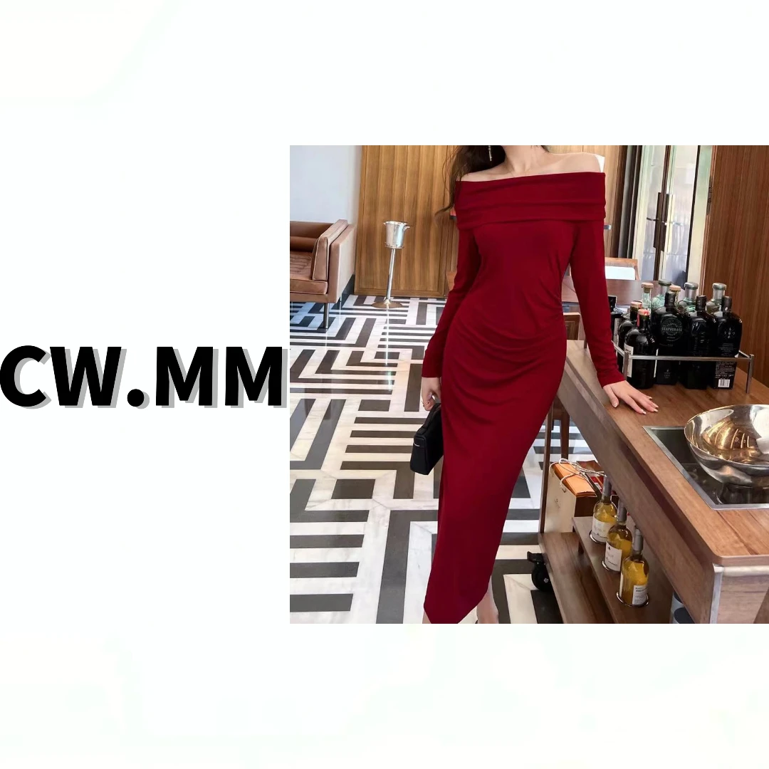 CW.MM 初秋新款法式气质一字肩长袖连衣裙