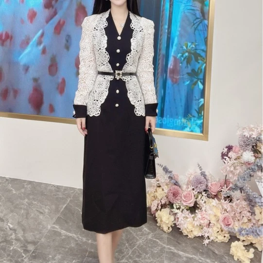CW.MM ~黑白拼色水溶面料拼接复古收腰连衣裙女装-3
