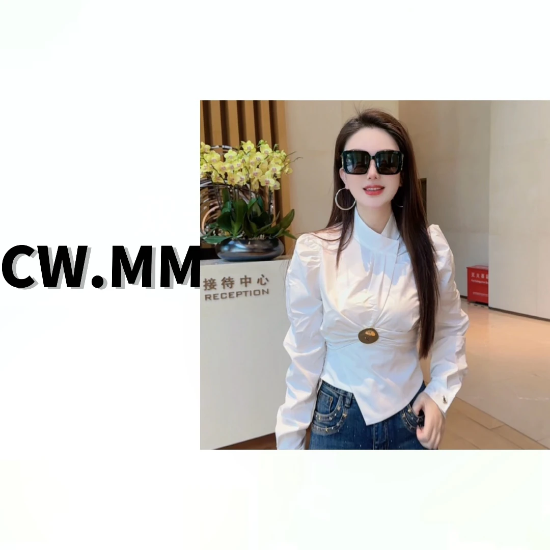 CW.MM 【千金格调】法式精致斜领不规则收腰衬衫上衣