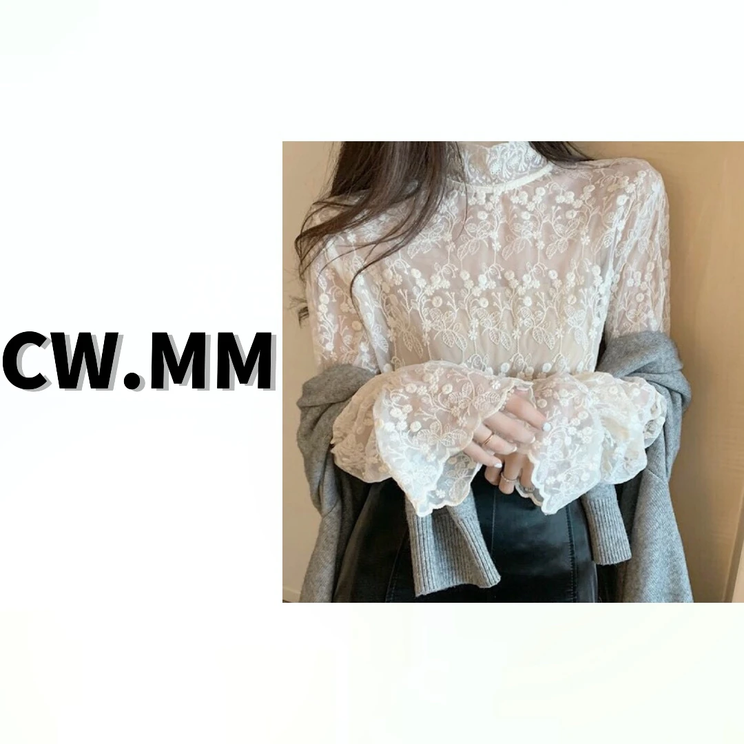 CW.MM 长袖洋气毛衣内搭喇叭袖刺绣上衣