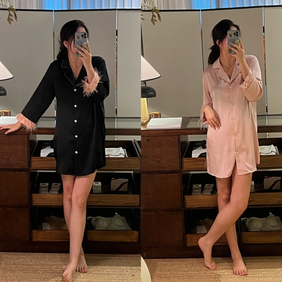 时梦也【轻奢羽毛 】驼鸟毛钻石扣慵懒感艺术家居服长袖衬衫裙