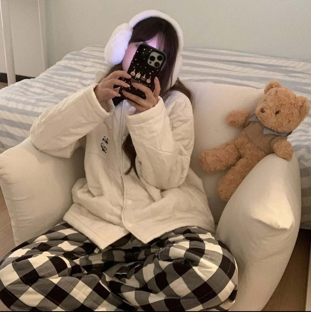 【野-SP三层夹棉熊猫嘭嘭】小翻领棉袄睡衣女冬季三层夹棉家居服