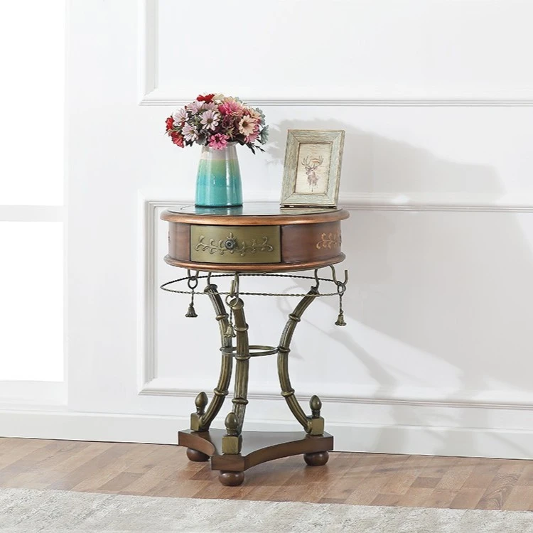 美式边几角几客厅复古电话桌咖啡桌铁艺玻璃彩绘茶几