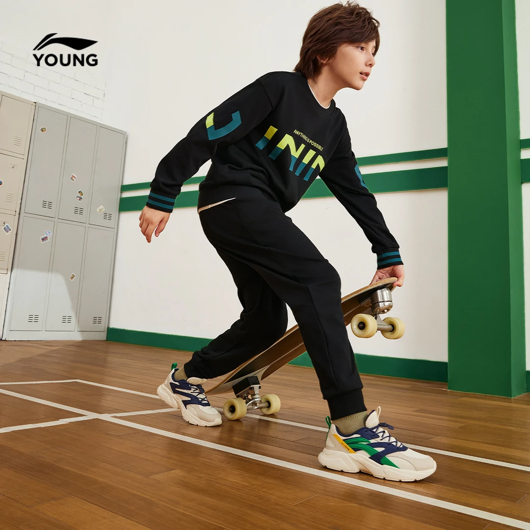 李宁儿童长袖套装男小大童24新款套头衫卫衣卫裤秋童装YWEU026