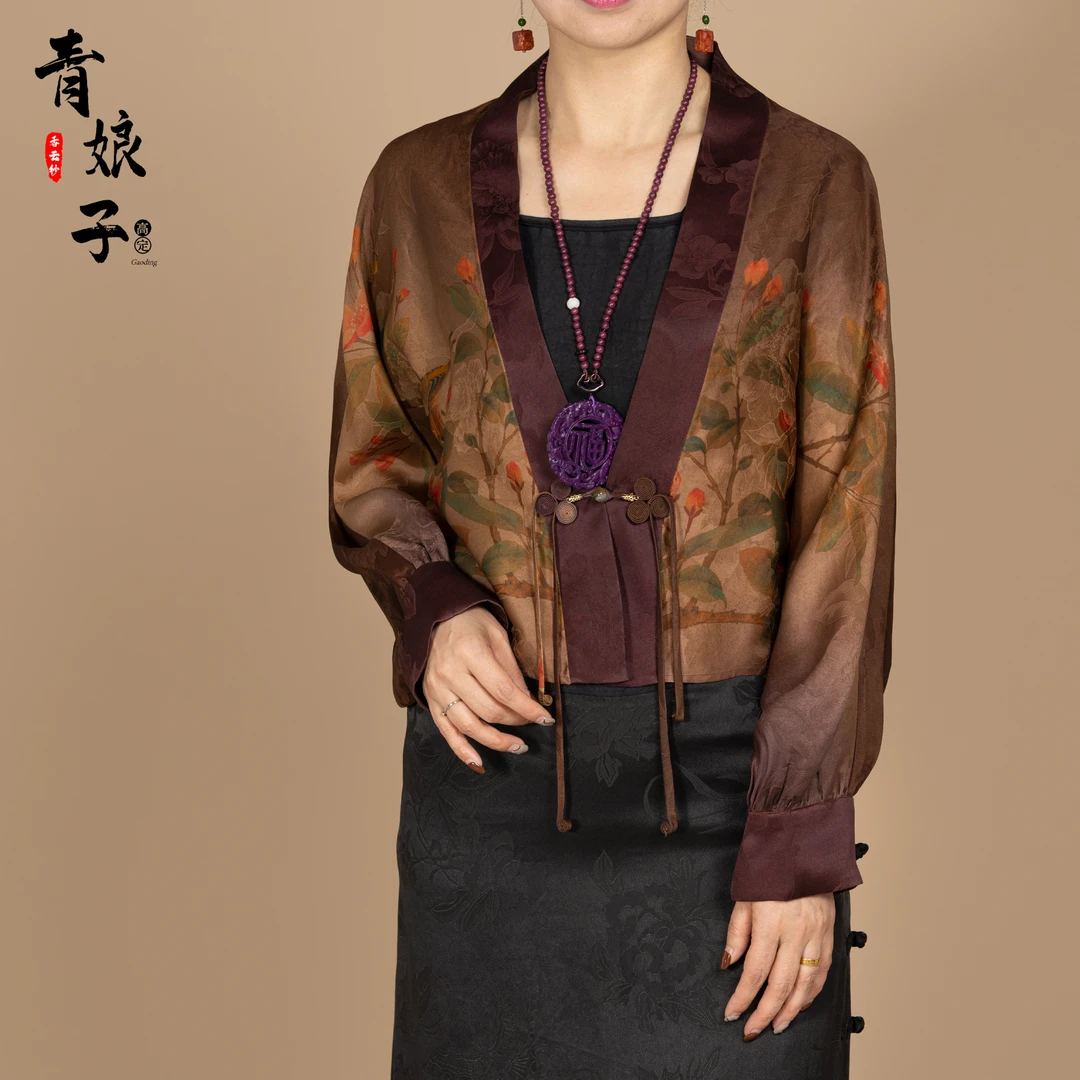 香云纱重缎印花高腰女士汉服版中式开衫短外套40793新中式
