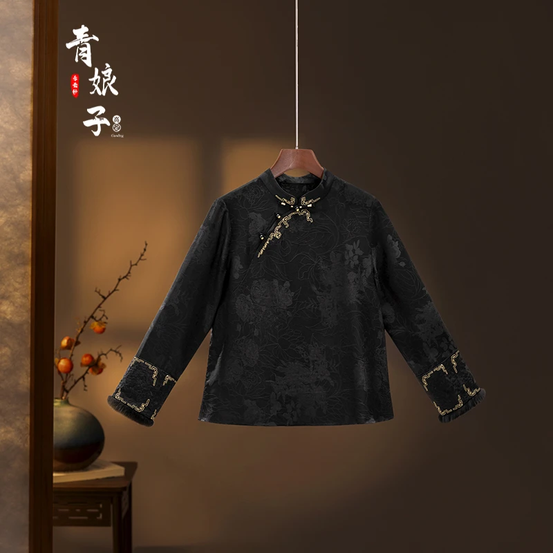 青娘子国风立领斜襟拼接刺绣提花百搭气质上衣51429