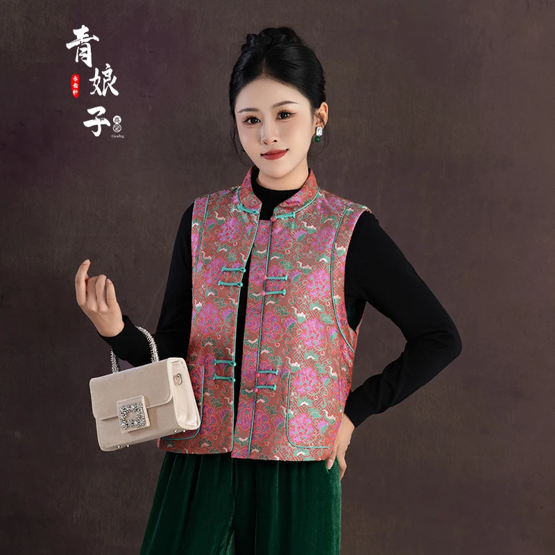 青娘子微瑕宋锦（婉瑜)新中式宽松复古中国风立领驼绒马甲51094-9