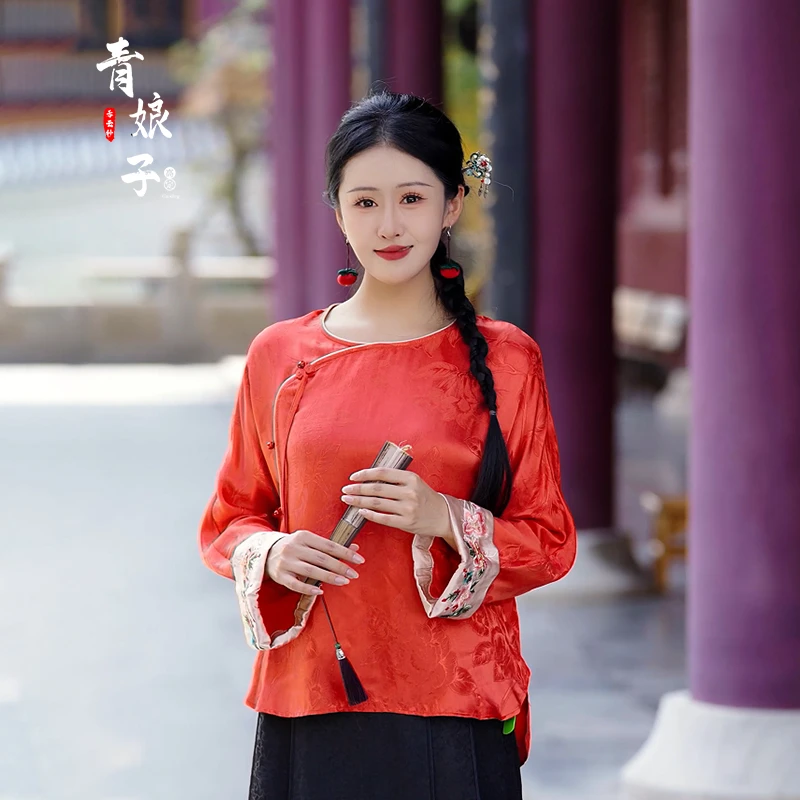 青娘子真丝（亦玉)复古提花拼接刺绣休闲百搭中式中国风上衣50673