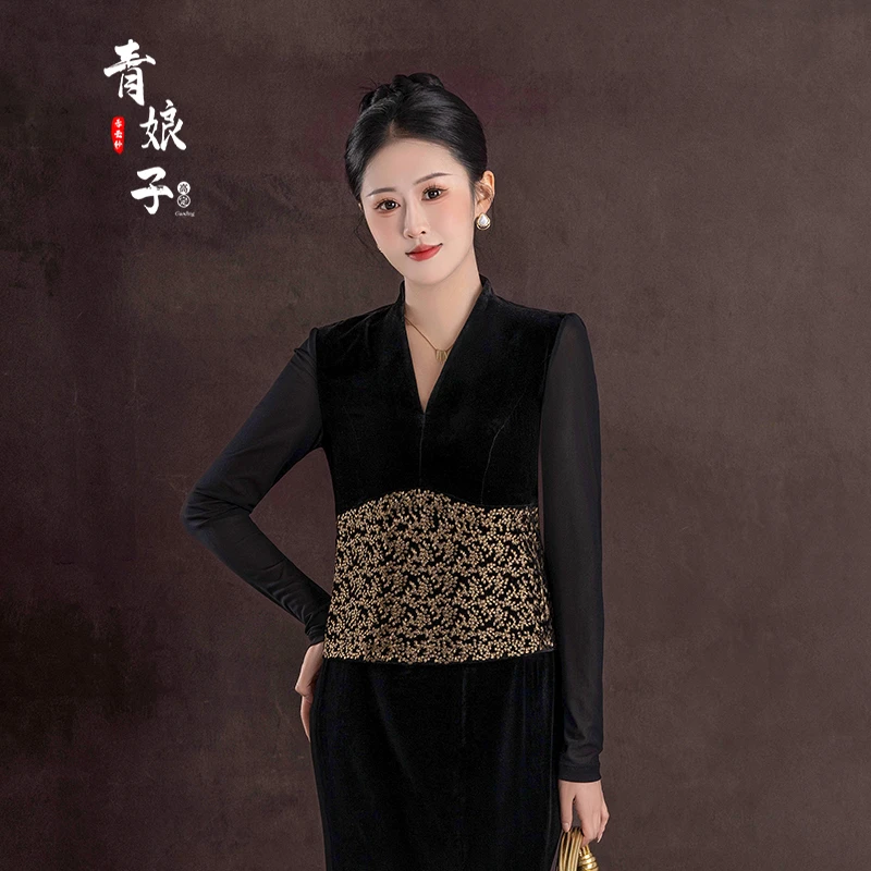 青娘子（月鹤）丝绒拼接针织网纱气质修身时尚短款上衣51200