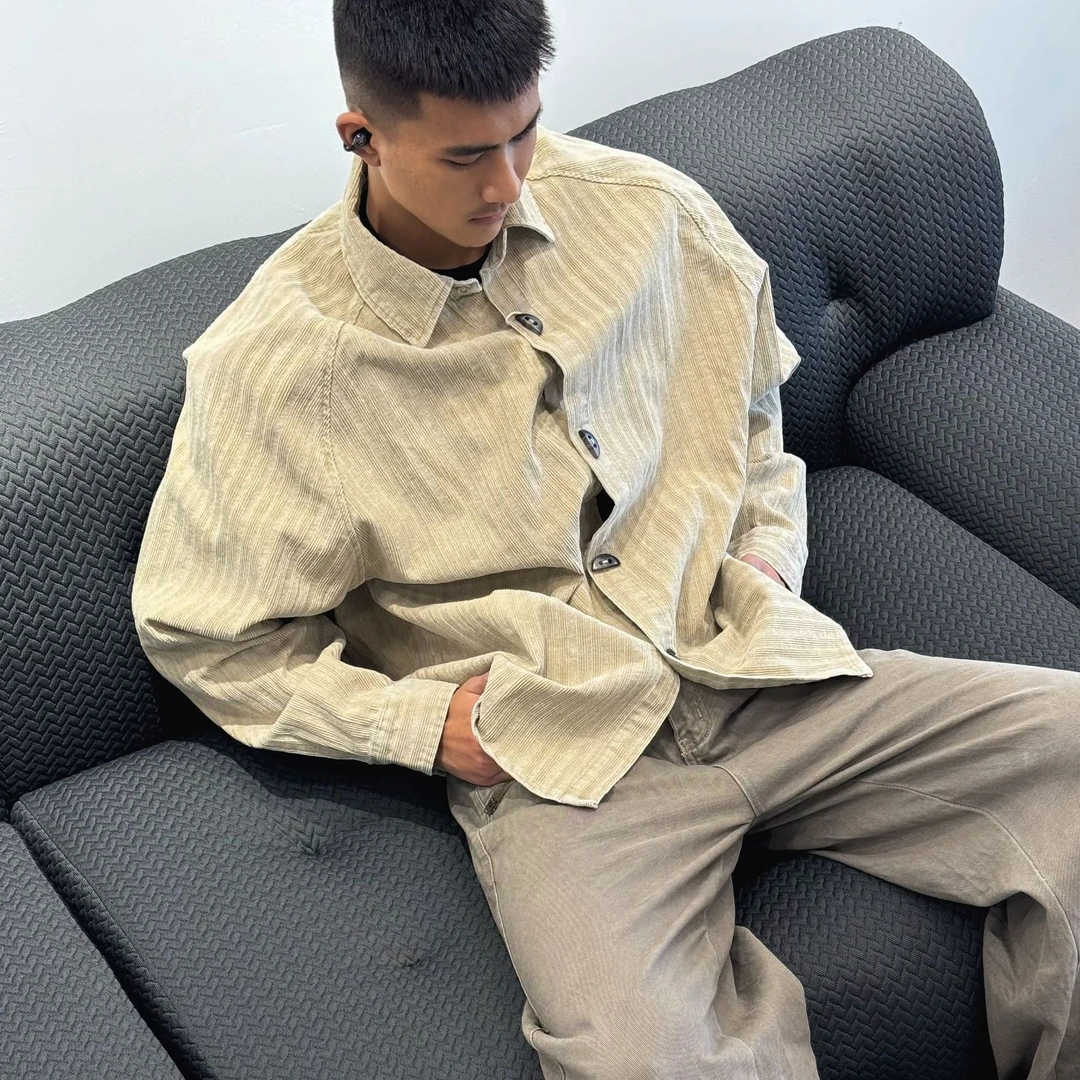 男士灯芯绒长袖衬衫日系条纹简约衬衫休闲百搭内搭外穿秋季