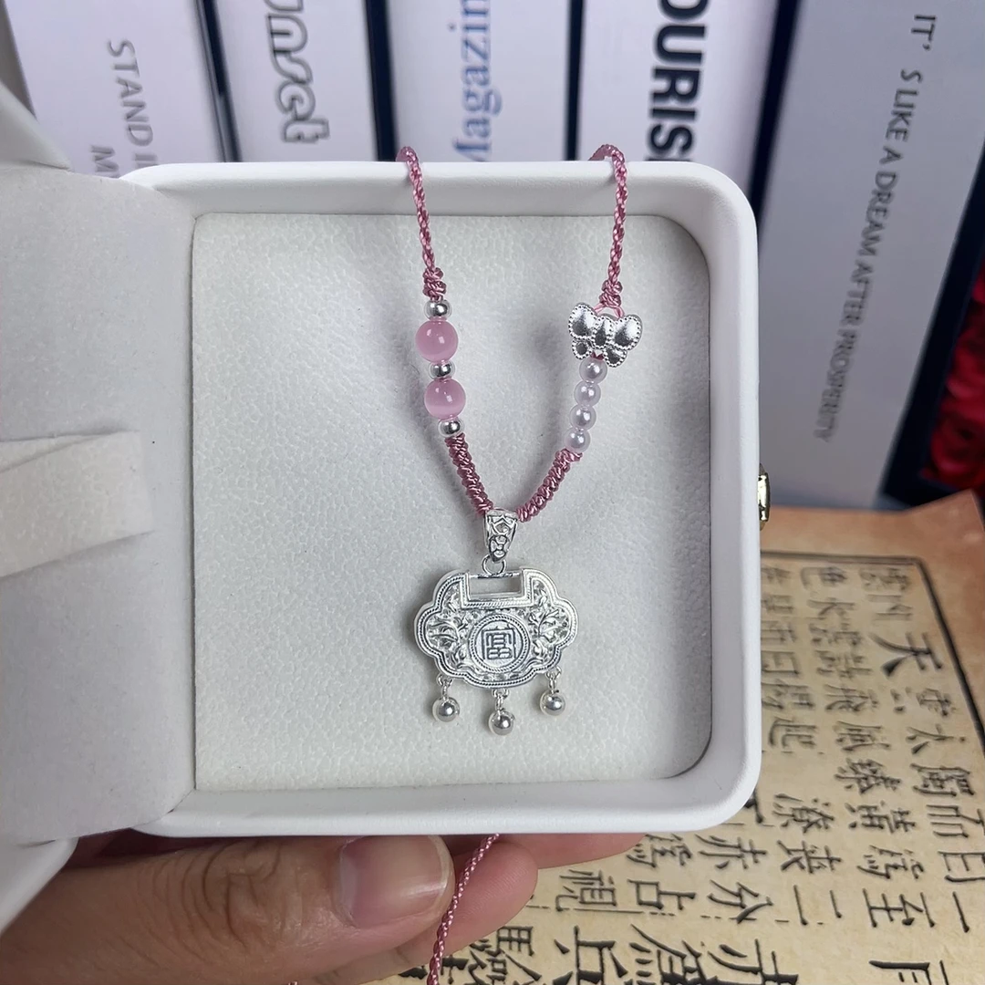 吊坠足银 足银牡丹足银银锁国风编织花开富贵学生党轻奢项链