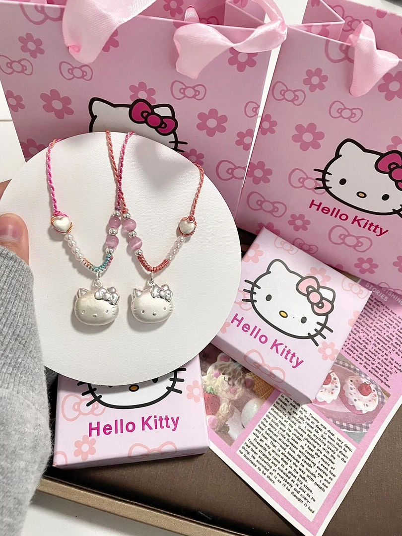 吊坠足银 足银999hellokitty猫头桃花编绳凯蒂猫银项链送女友礼物