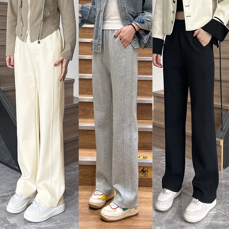 乐库优春秋新品太空棉窄版直筒裤女高腰宽松显瘦百搭休闲长裤子