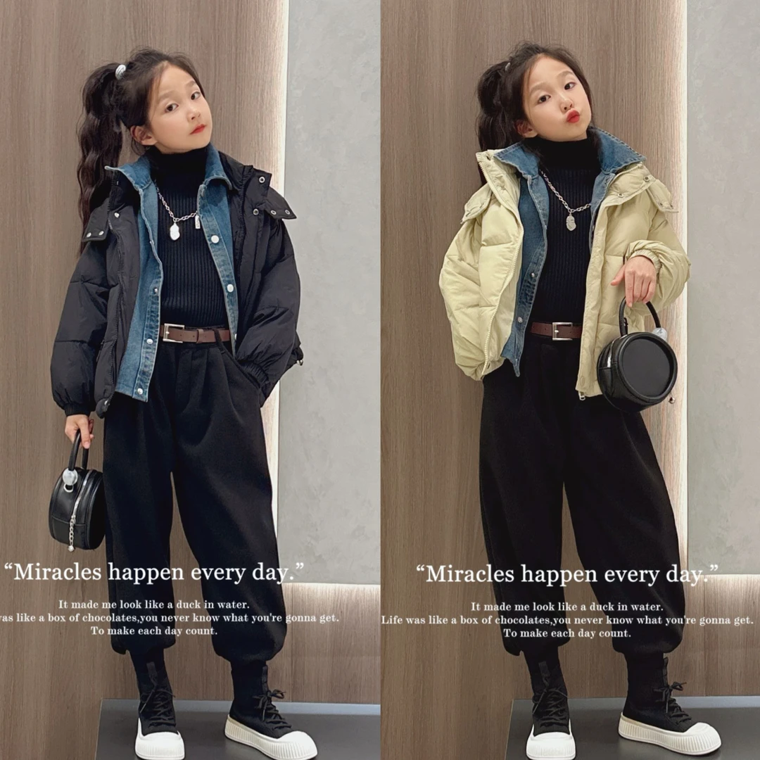 2024冬季新款洋气假两件牛仔拼接羽绒外套120-170
