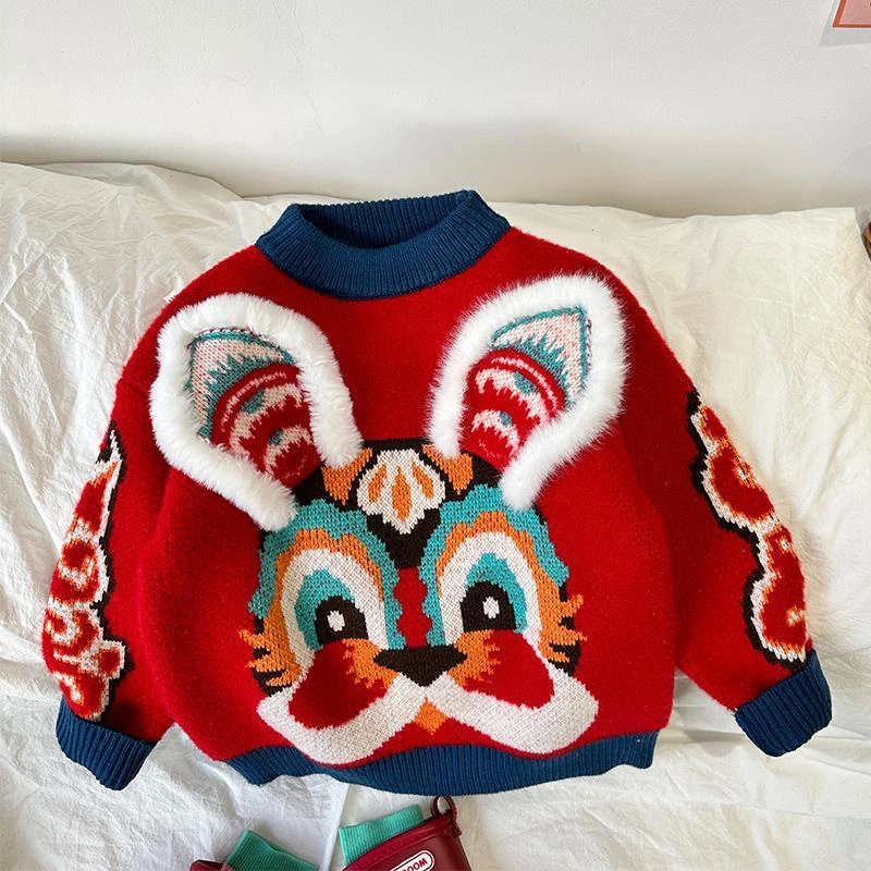 女童加厚毛衣2024秋冬新款洋气宝宝兔子过年针织衫上衣男童打底衫