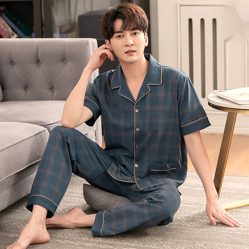 高档男士夏季纯棉短袖长裤家居服中年爸爸款男式夏天薄款全棉套裝
