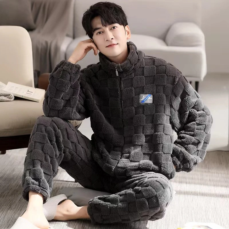 【达人推荐】睡衣男士秋冬款珊瑚绒青少年保暖拉链款外穿家居服套装