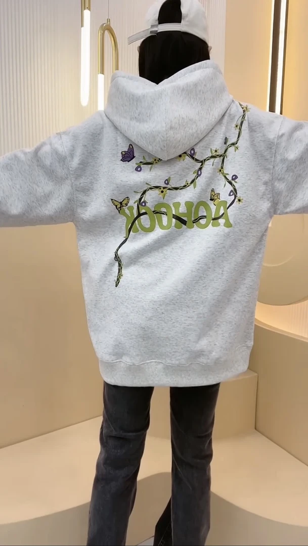 国潮美式落肩宽松版型【AC爬藤印花】连帽卫衣加绒加厚秋冬新款情侣