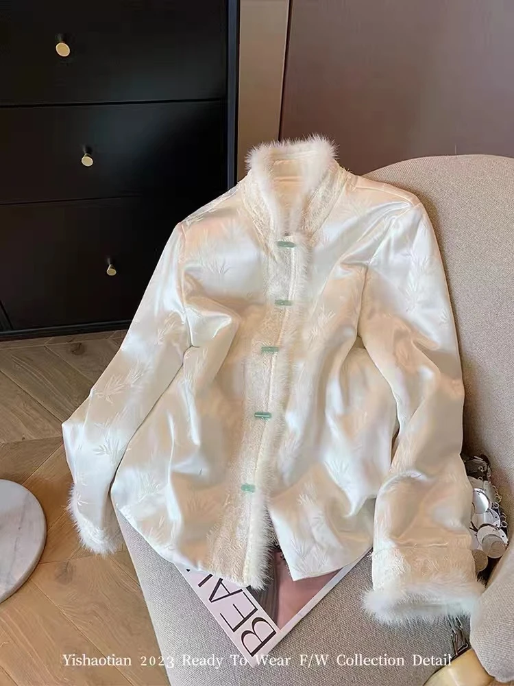 新中式国风竹子印花拼接毛毛棉服2023女秋冬时尚高端醋酸夹棉外套