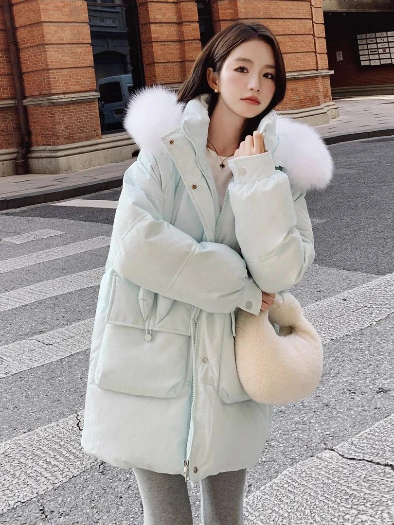波司豋奶蓝色羽绒服服女2023年冬季新款中长款时尚韩版冬季加厚棉