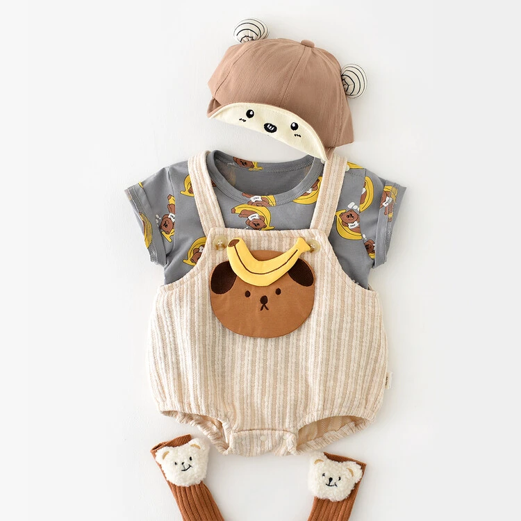 夏季新款婴儿套装卡通小熊短袖薄款0-3岁男女童宝宝哈衣爬服32795