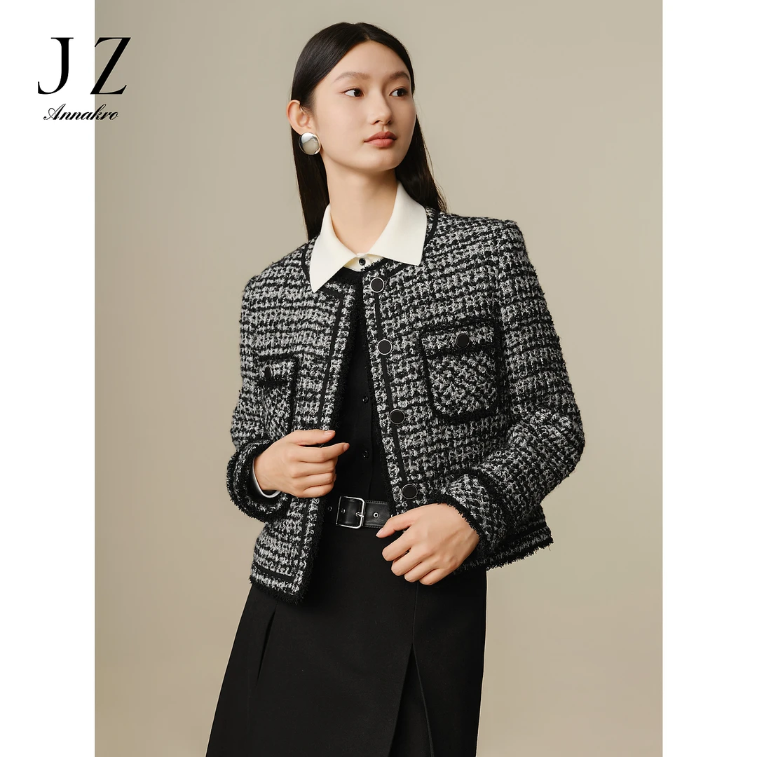 【锦华】玖姿·安娜蔻小香风羊毛短款粗花呢外套女冬季JTED40502