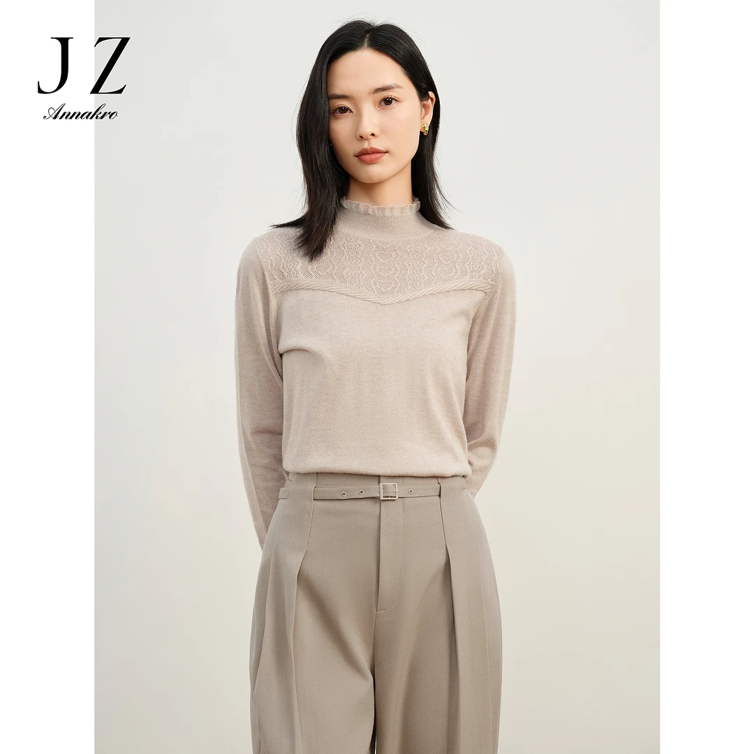 玖姿安娜蔻优雅淑女木耳花边拼接针织衫冬JTED31098