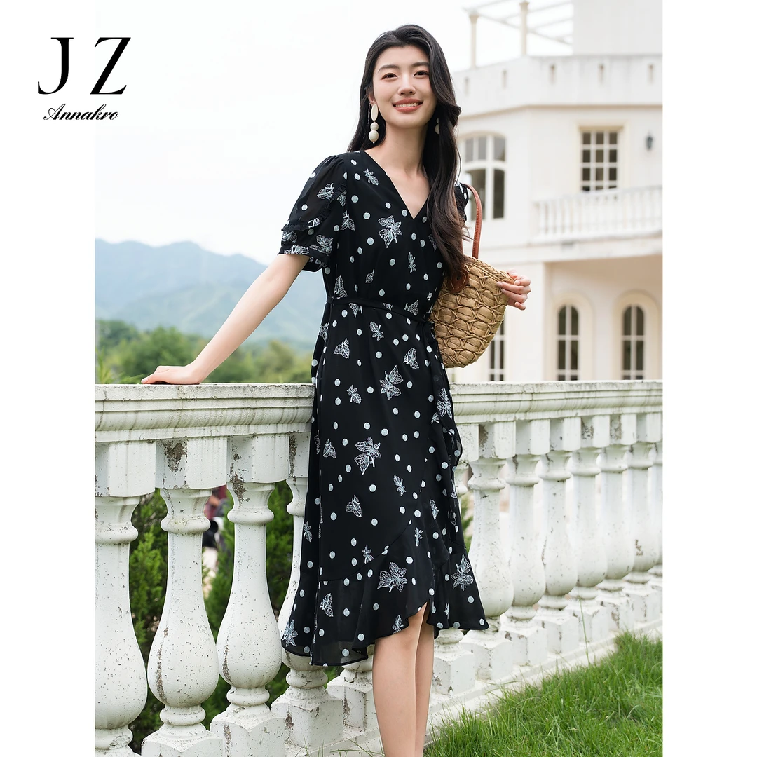 玖姿安娜蔻优雅淑女花边系带轻薄雪纺收腰连衣裙女夏季JTEX50097