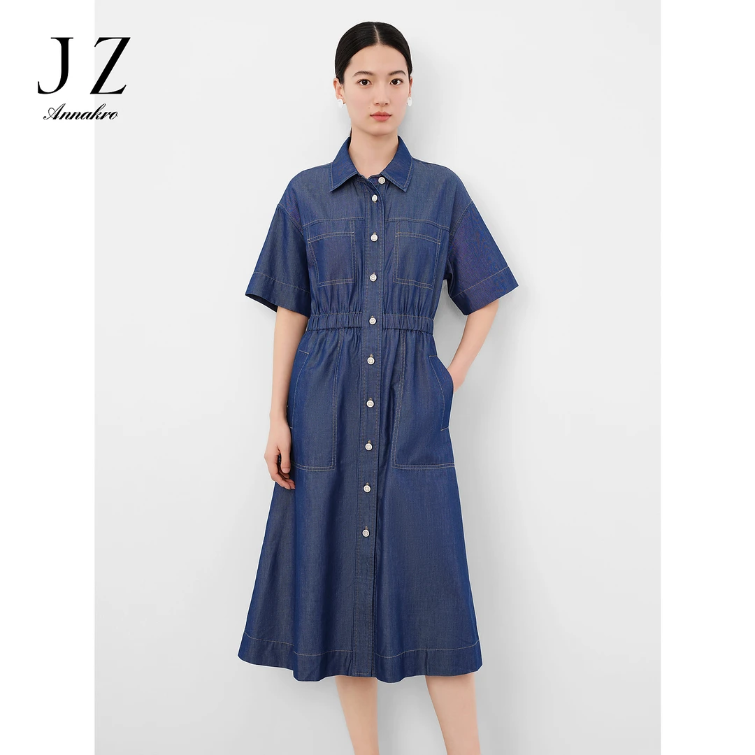 玖姿安娜蔻休闲户外风莱赛尔牛仔收腰垂坠连衣裙25新款JTEX50019