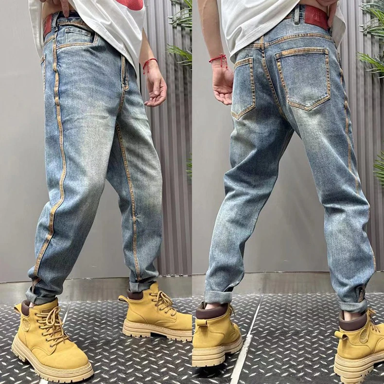 春季潮流复古牛仔裤男士潮牌痞帅裤子青年长裤男修身牛仔小脚裤潮