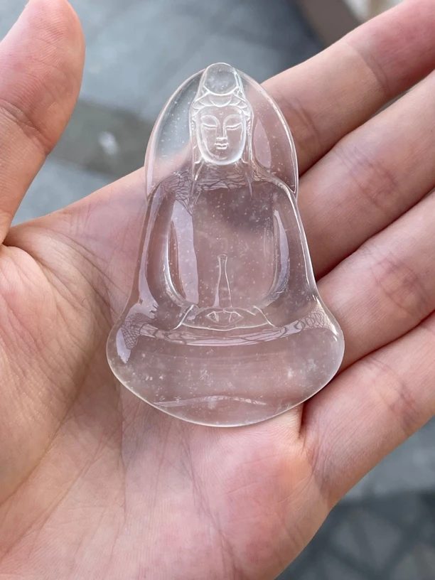 天然缅甸翡翠a货，玻璃种雪花棉素衣观音，大师工，冰透观音菩萨