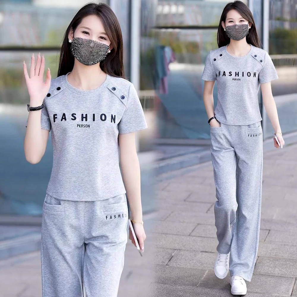 短袖休闲运动套装女2025夏季新款时尚洋气宽松上衣阔腿裤两件套潮