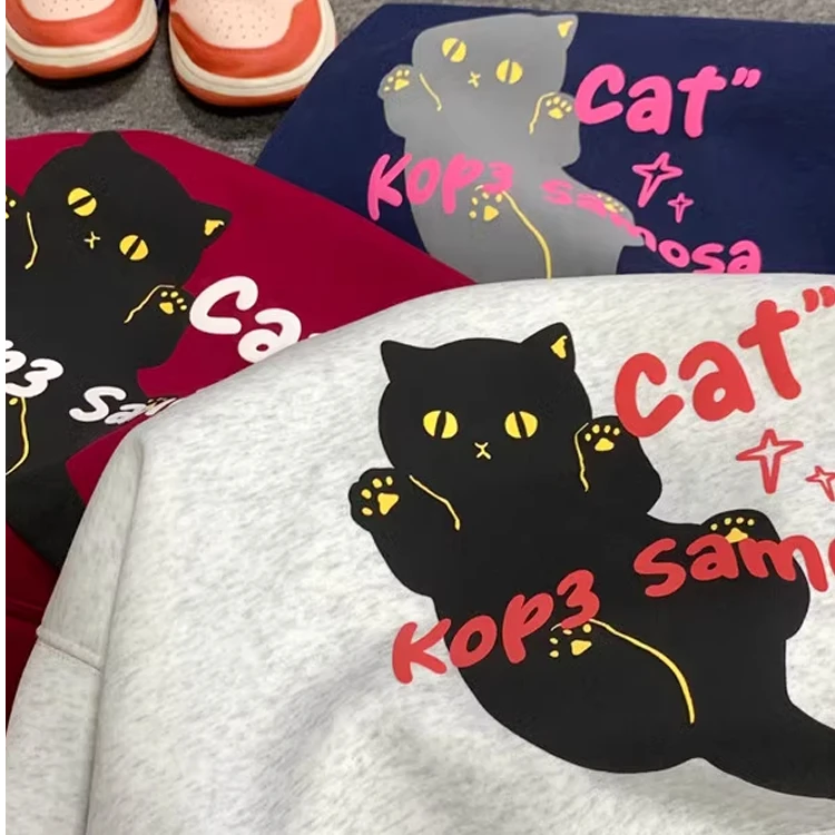 加大码300斤卡通小猫设计感连帽卫衣男女秋冬新款宽松显瘦外套衫