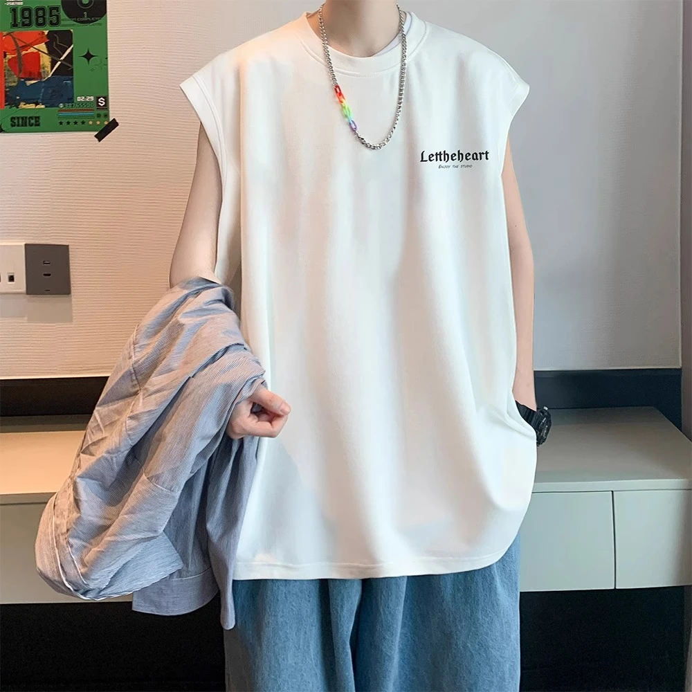 300斤大码港风潮牌纯棉无袖背心夏季男女宽松百搭运动坎肩t恤衫