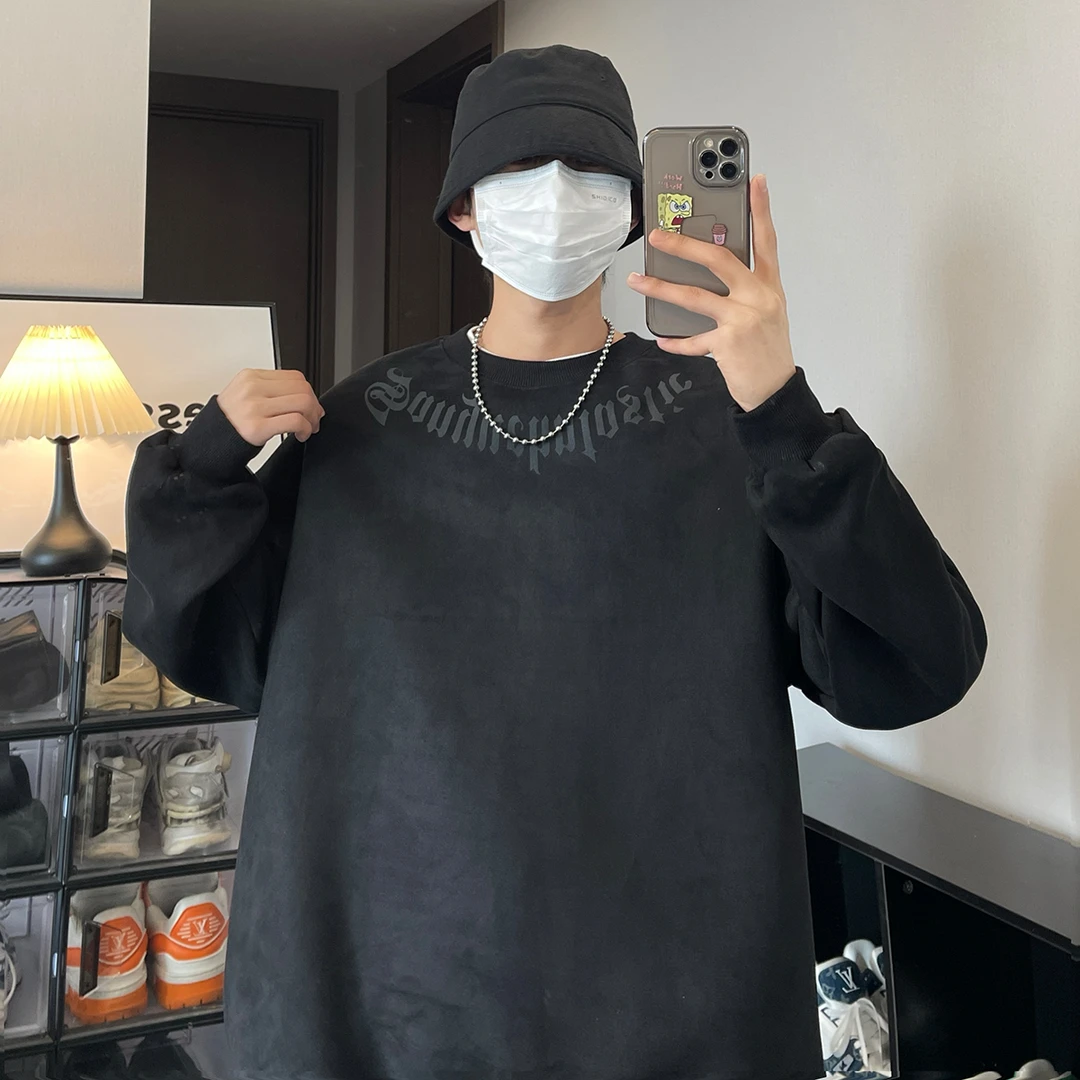 特大码300斤欧美式高街仿麂皮绒卫衣男女秋冬新款宽松休闲外套衫