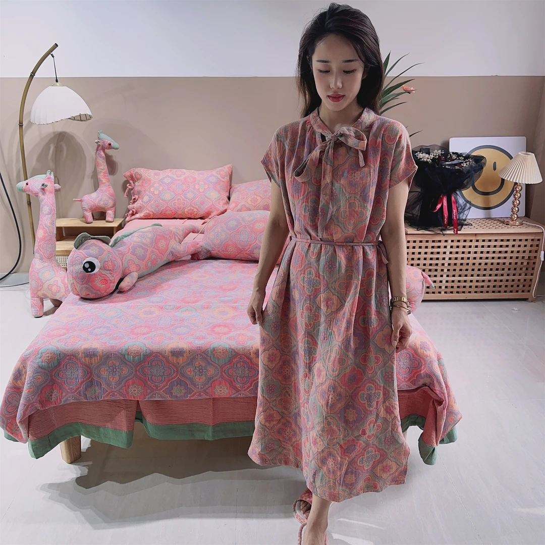 【菲拉-新中式】全棉双层纱 母婴A类 色织提花 双面家居服长袖睡裙