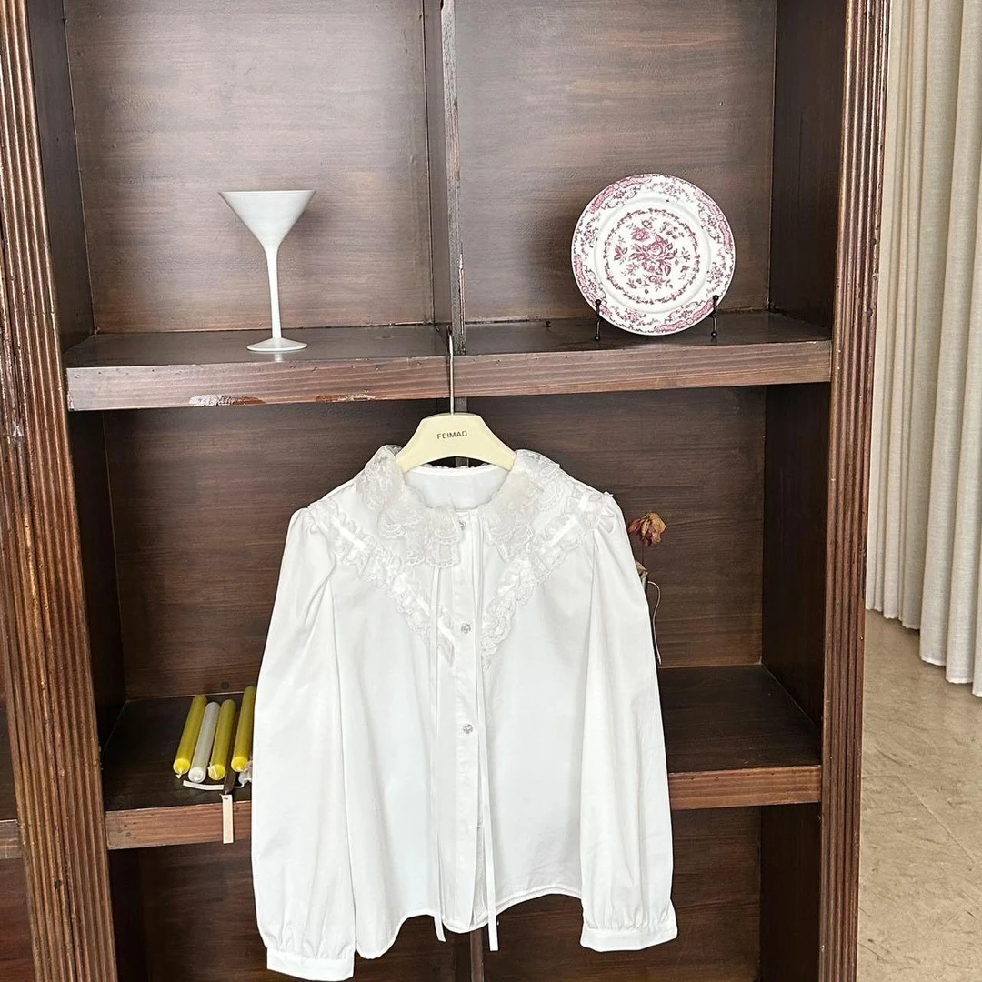 【赵小小yimao】75823 白色蕾丝衬衫小众设计感宽松显瘦系带上衣