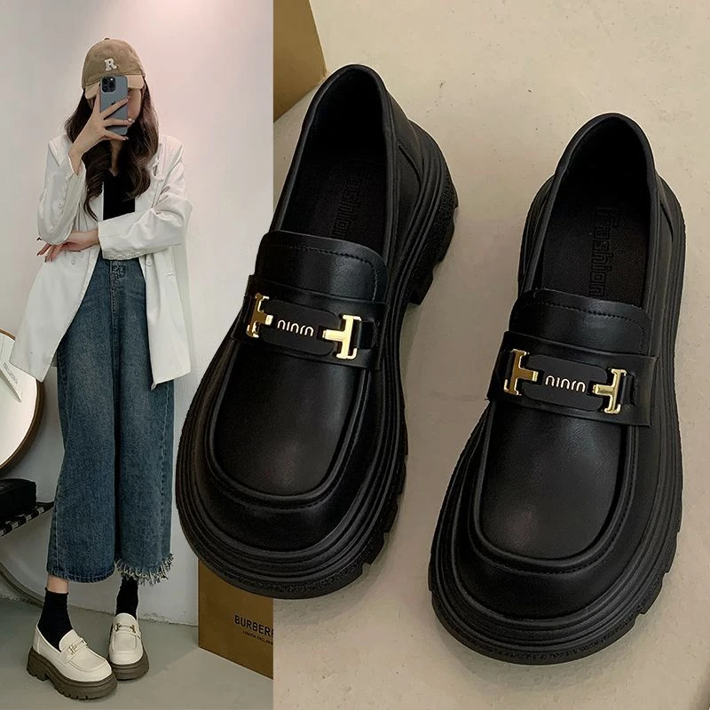 乐福鞋女2023新款春秋厚底复古一脚蹬小皮鞋英伦风黑色制服jk单鞋