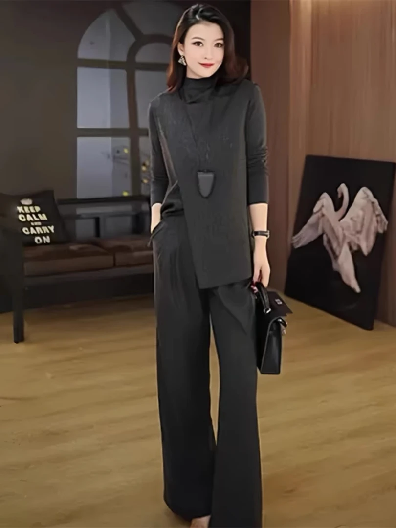 三件套时尚套装女秋冬新款气质马甲长袖打底衫阔腿裤休闲轻奢高档