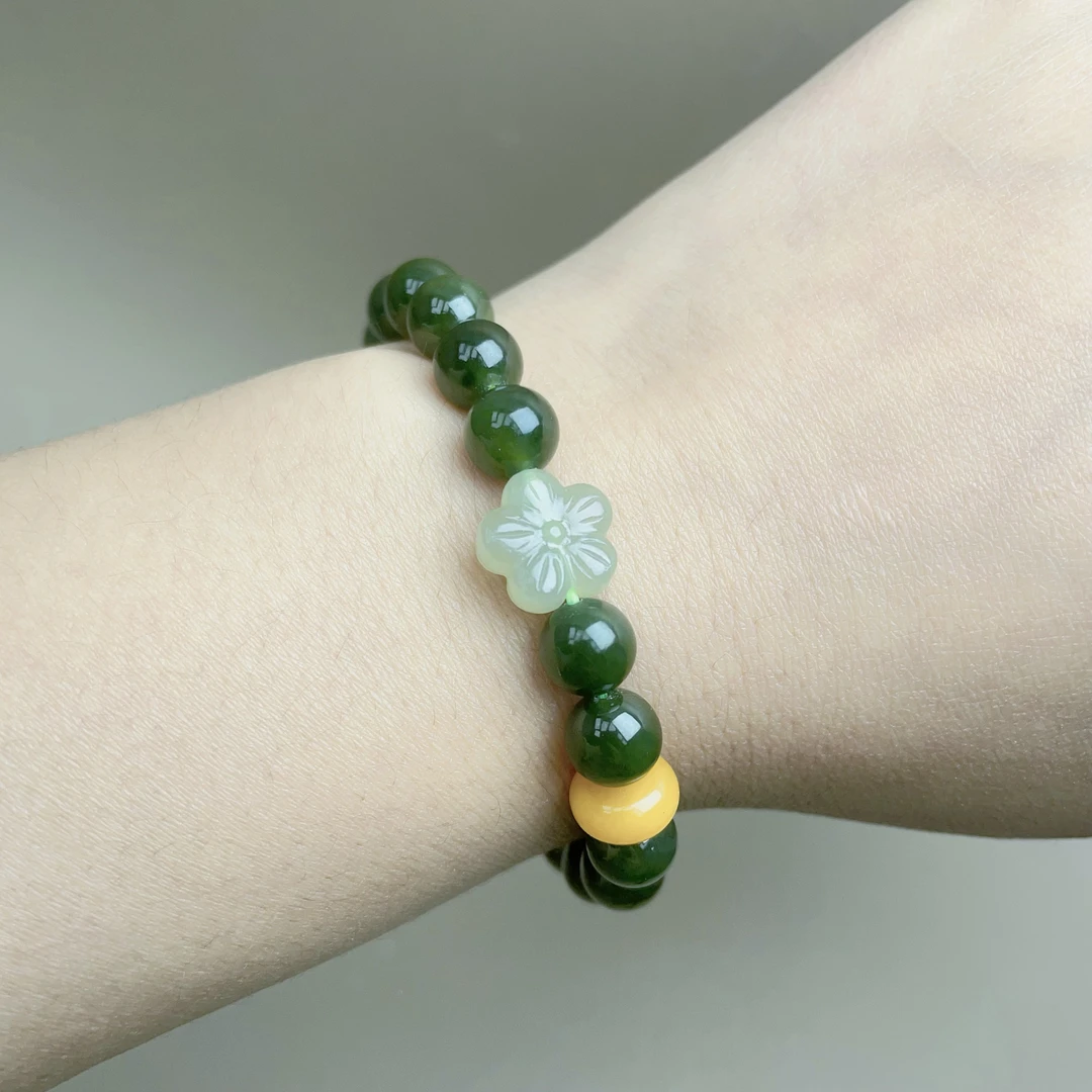 0136和田碧玉菠菜绿单圈五福花手链