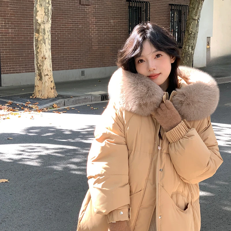 【中国结】羽绒服女款新国标90白鸭绒中长款2023年冬季毛领羽绒服