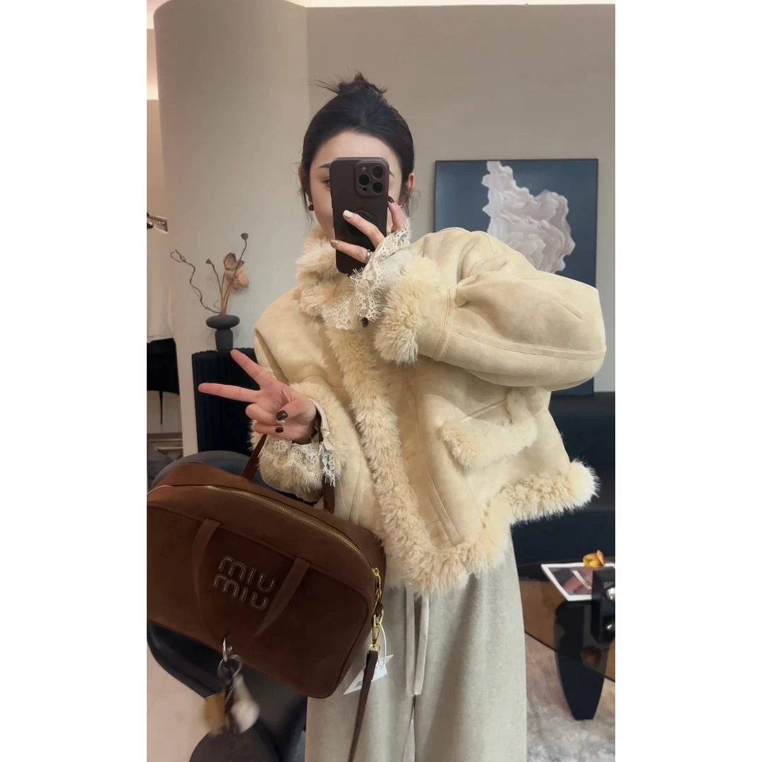 9421皮毛一体外套女2024冬装百搭时尚休闲小个子短款上衣D